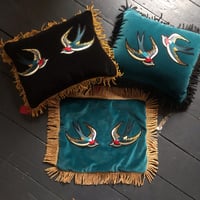 Image 2 of Teal Cotton Velvet Cushion With Swallow Embroidery Patches