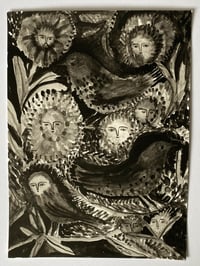 Evening song of feathers and flowers - gouache painting 