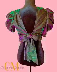 Image 2 of Tie Back, Puff Sleeve Metallic Crop Top