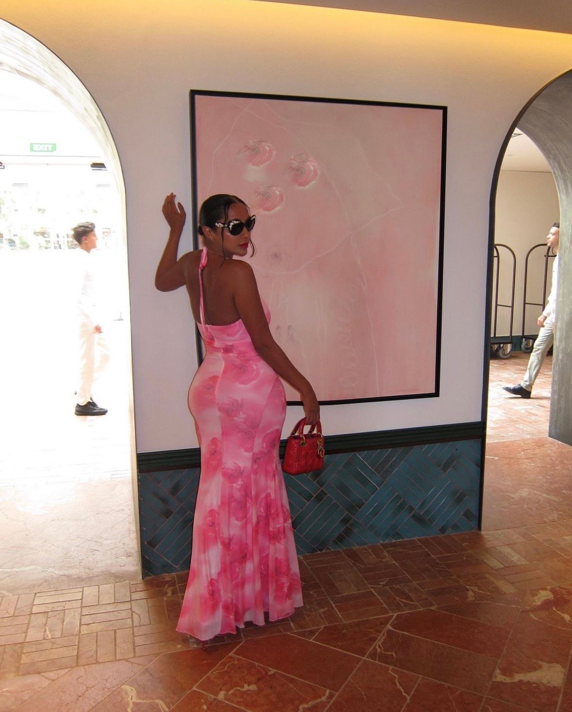 Image of PINK PRINTED FLORAL MESH MAXI DRESS (XS)