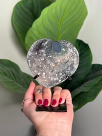 Image 2 of AGATE X AMETHYST STALACTITE HEART ON CUSTOM STAND -URUGUAY- P