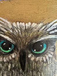 Image 4 of Blue Eyes Owl on Gold magnet. Original Painting on Square 2.75" Canvas Strong hold