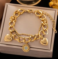 Image 1 of Love Heart Round Pendant Link Chain Charms Bracelet