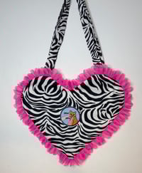 Image 3 of 💖 Y2K Zebra Heart Bag with Pink Ruffle Trim & “Pew Pew” Patch