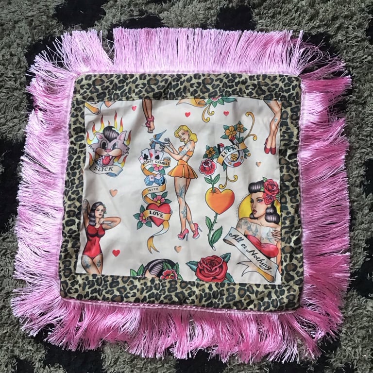 pink Pinup Girl with leopard print Cushion cover Image 2