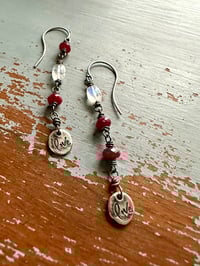 Image 11 of ruby and rainbow moonstone dangle earrings with sterling silver medallions