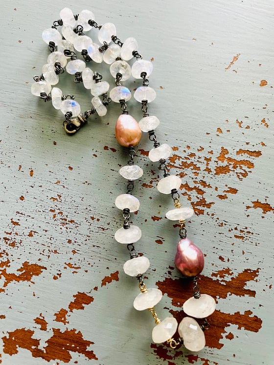 Image of luxe baroque pearl and rainbow moonstone necklace