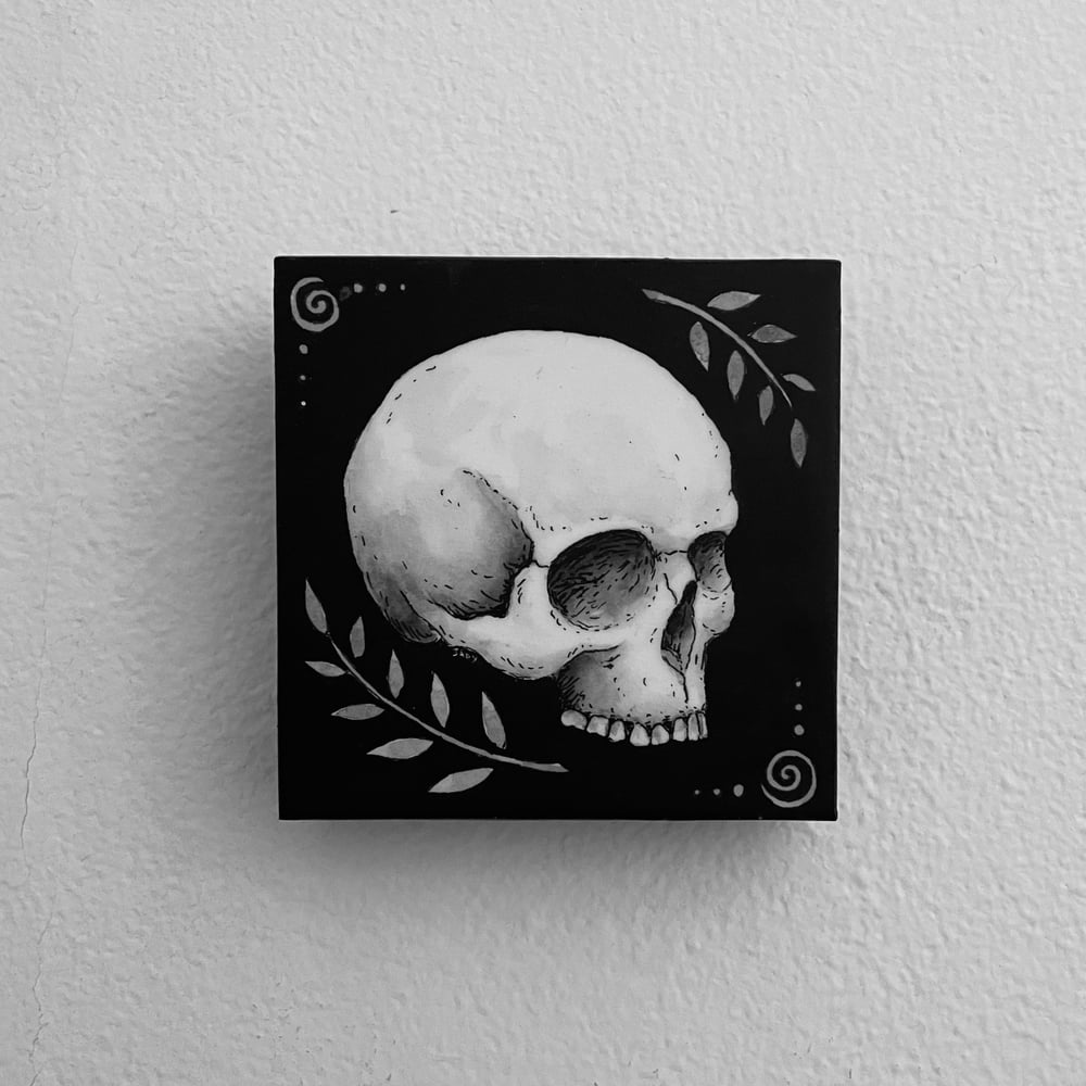 Skull With Foliage And Spirals One Original Ink And Watercolor On Panel