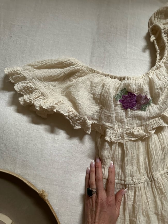 early 70s lightweight gauze off shoulder dress with floral detail 