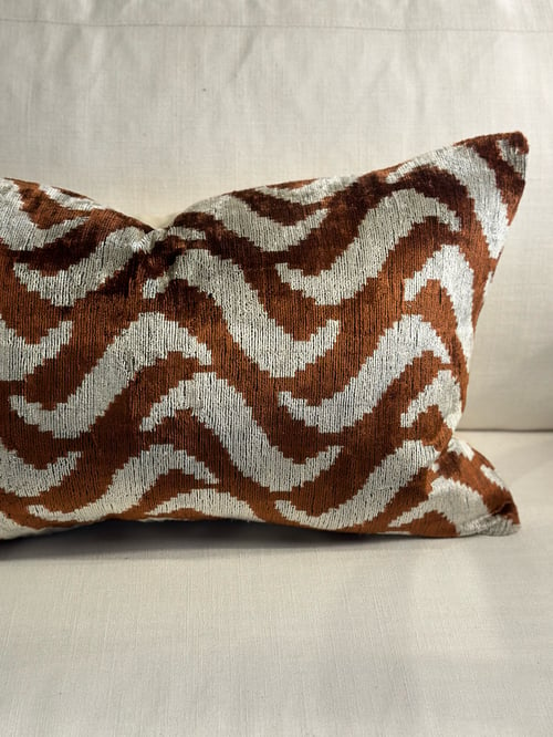 Image of Ikat Velvet Cushion with Copper Squiggle 