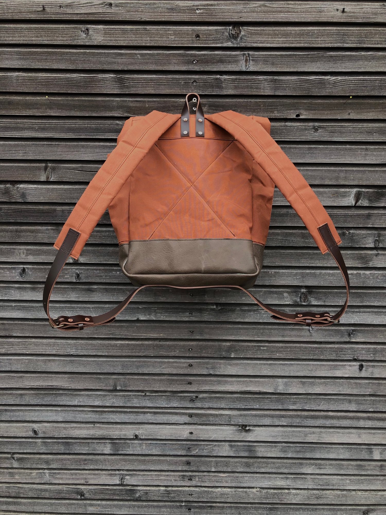 Image of Dry waxed canvas backpack /hipster backpack with roll up top and double bottle pocket