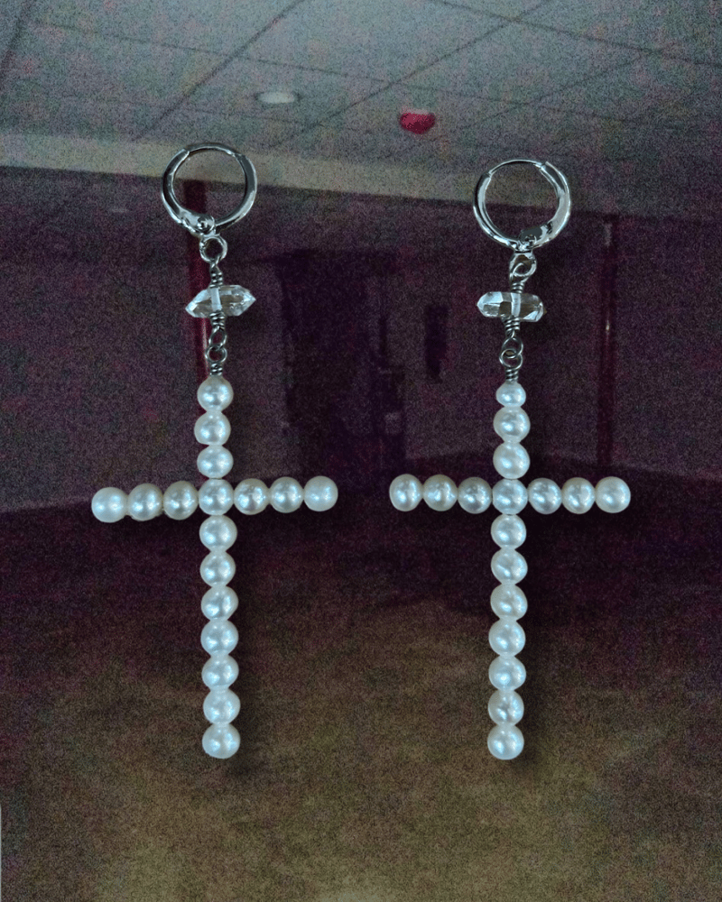 Image of -;- Diamond drop pearl cross earrings -;-