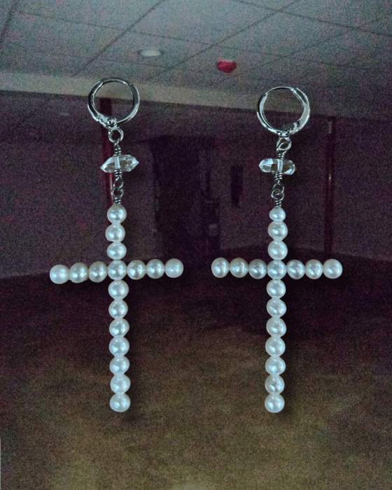 Image of -;- Diamond drop pearl cross earrings -;-