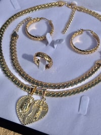 Image 2 of 18k Gold Plated/Stainless Steel Cuban Necklace Chain Set, Heart Pendant Lady of Guadalupe & Cross