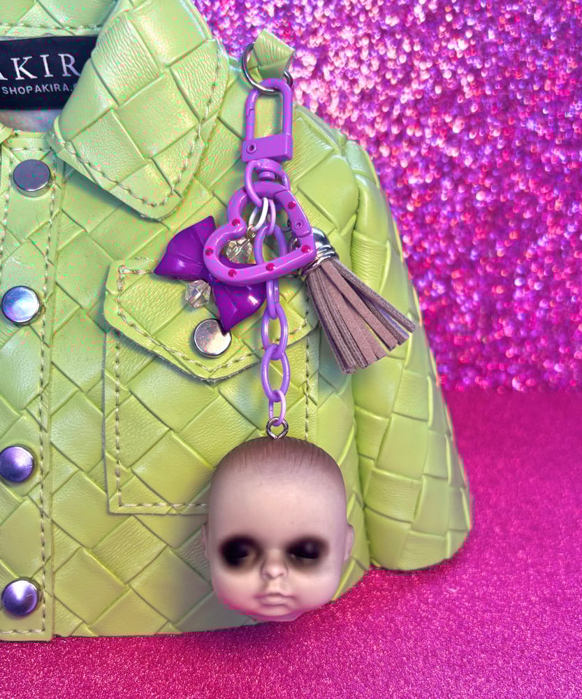 Image of Creepy Baby Doll Head Bag Charm Purple