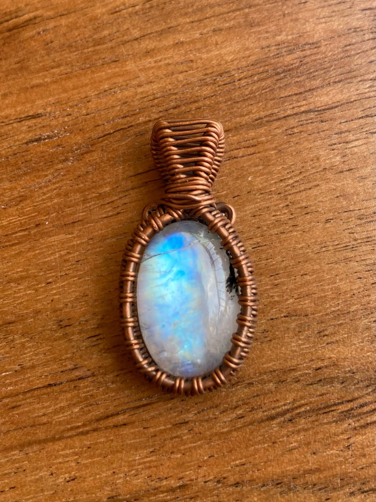 Moonstone coil pendant, Flashy newest blue moonstone jewellery, Copper necklace, Wire wrap pendant, Steampunk jewellery