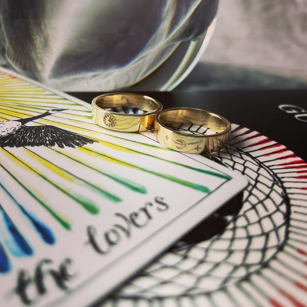 Celestial 9ct Gold Wedding Rings Crescent Moon & Sun Rings