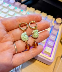 Green Handmade Ceramic Ammonite Earrings with Amber Beads
