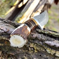 Image 4 of 9" Handmade Damascus Steel Skinner & Hunting Knife with Elk Antler Handle and Cowhide Leather Sheath