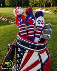 Image 1 of Red white and blue custom golf club covers Handknit unique, choose your own design and Pom Pom si...