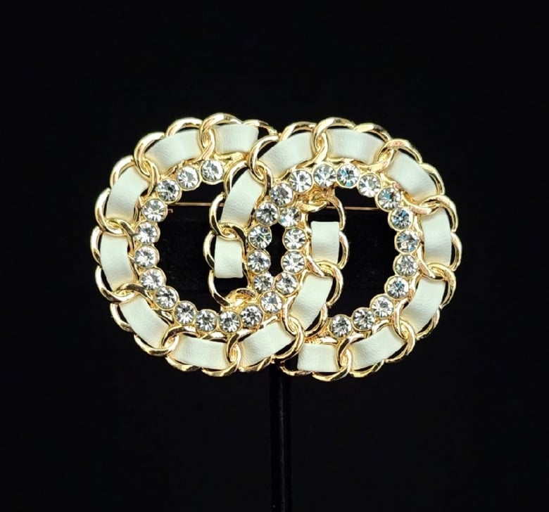 Image of White, Gold & Rhinestone Brooch 