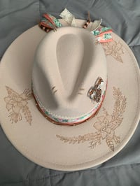 Image 1 of "Escogida, Redimida, Amada" Hand-Burned Felt Wide Brim Fedora Hat