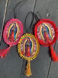 Image 1 of Virgin decoration/ rear view mirror accessory  with choice of gold , black, red or pink fringe