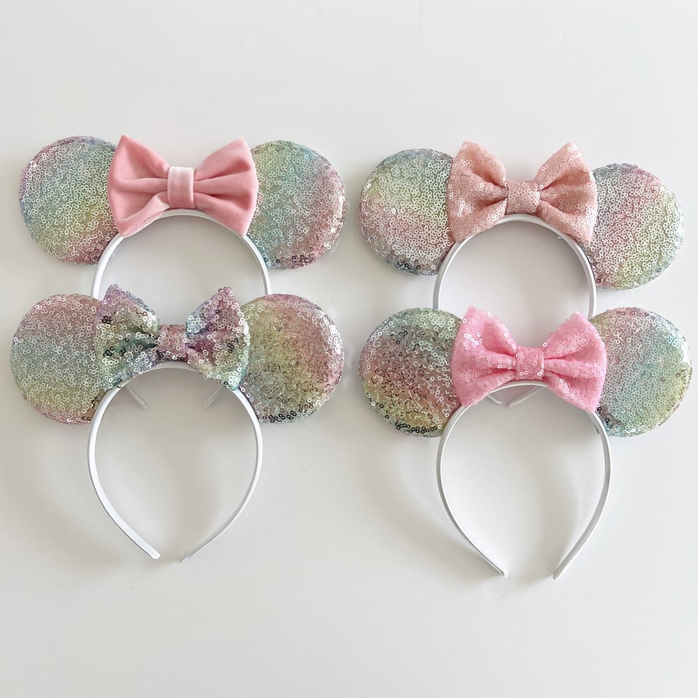 Image of Ombré Pastel Rainbow Mouse Ears with Sequin and Velvet Bows 