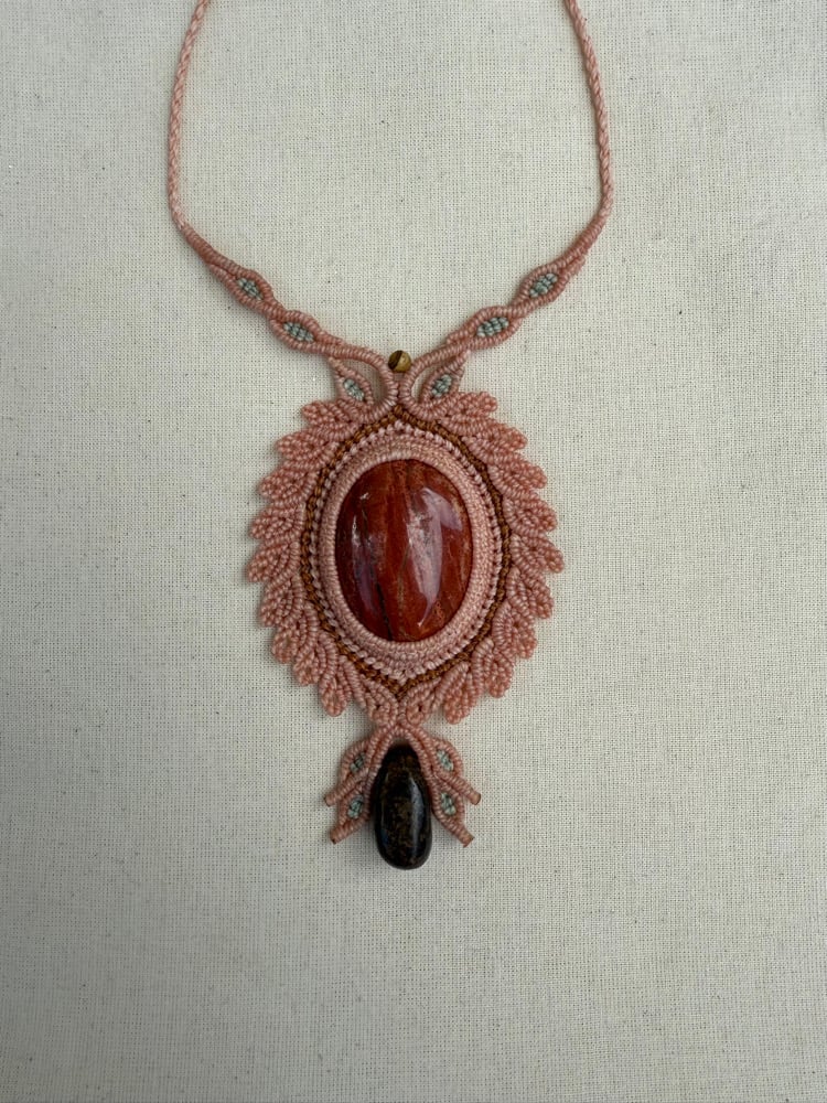 Image of Macrame necklace with brecciated jasper and brocite stone