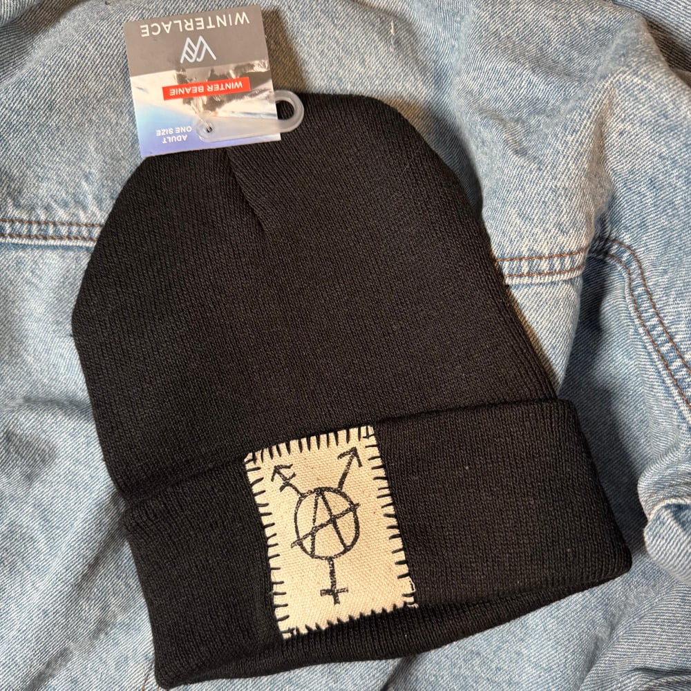 Image of Tranarchy Tag-Patch Beanie (Ivory on Black)