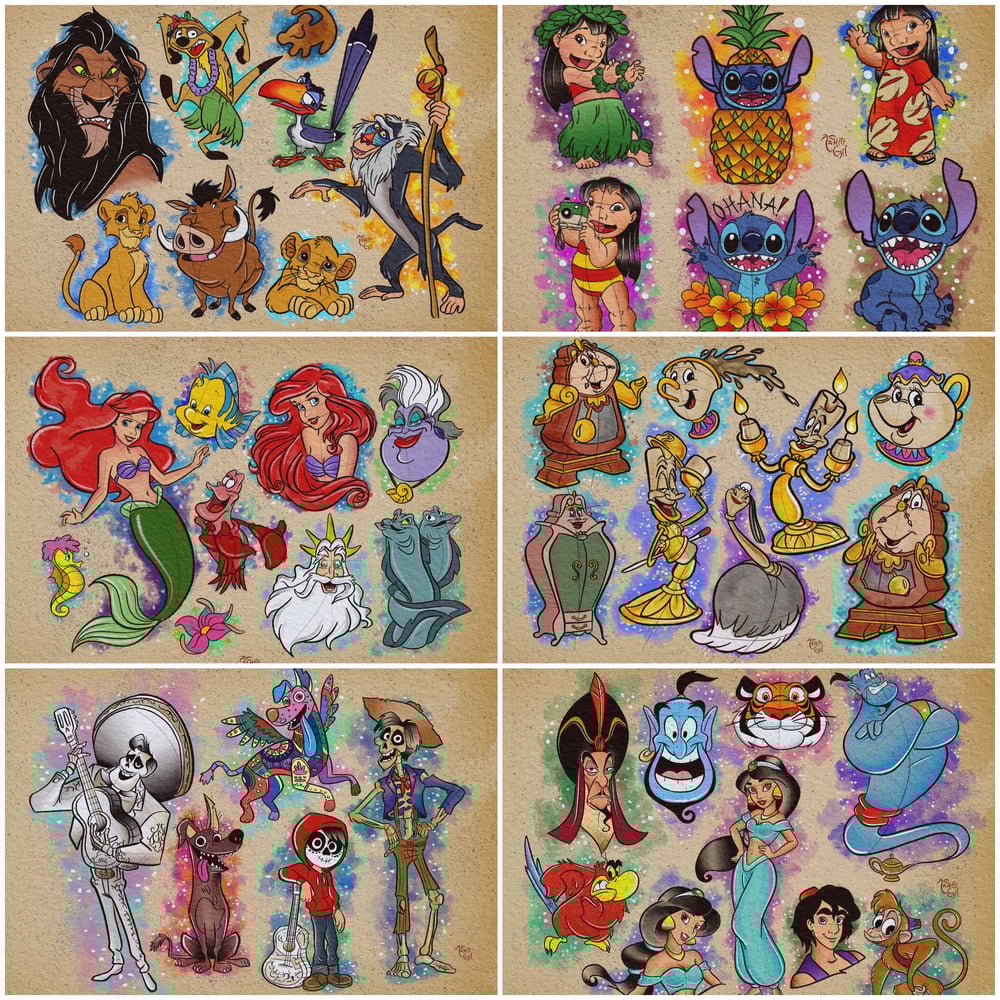 Image of 11”x14” Disney Inspired Tattoo Flash Std Cardstock 10 Sheet Set