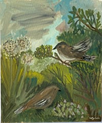 Dandelion clocks, toadflax and birds in a wild garden 