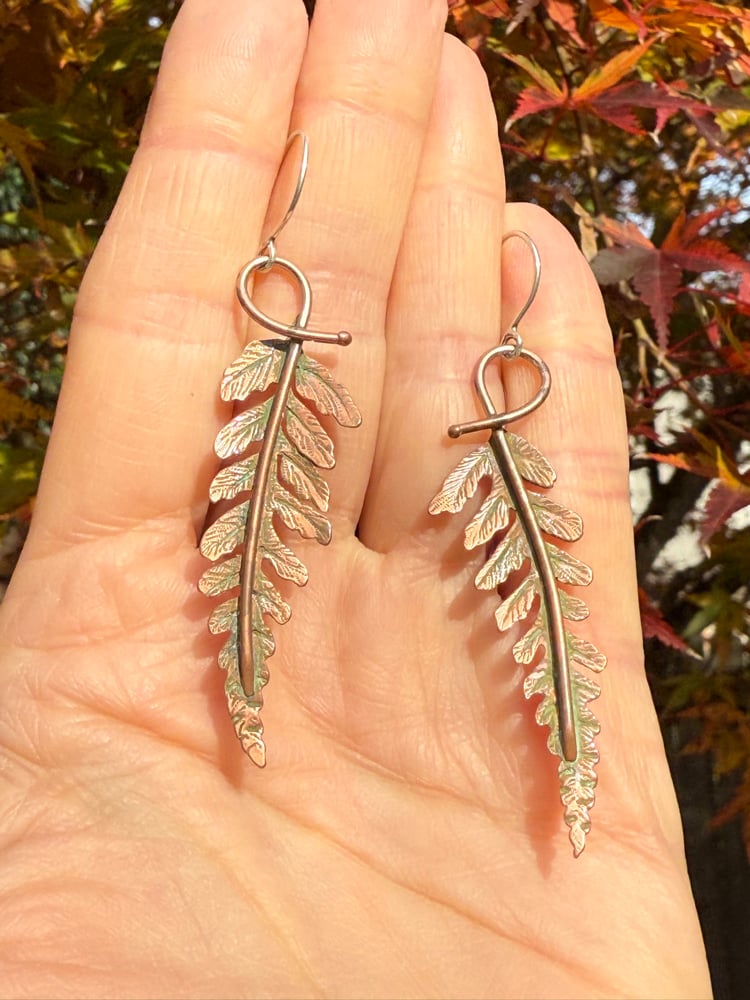 Image of Green Patina Copper Autumn Fern Dangle Earrings