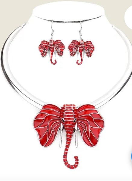 Image of Red Enamel Elephant Necklace Set