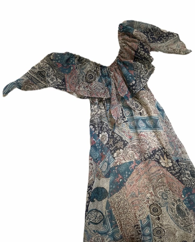 early 70s patchwork voile off shoulder flutter gown
