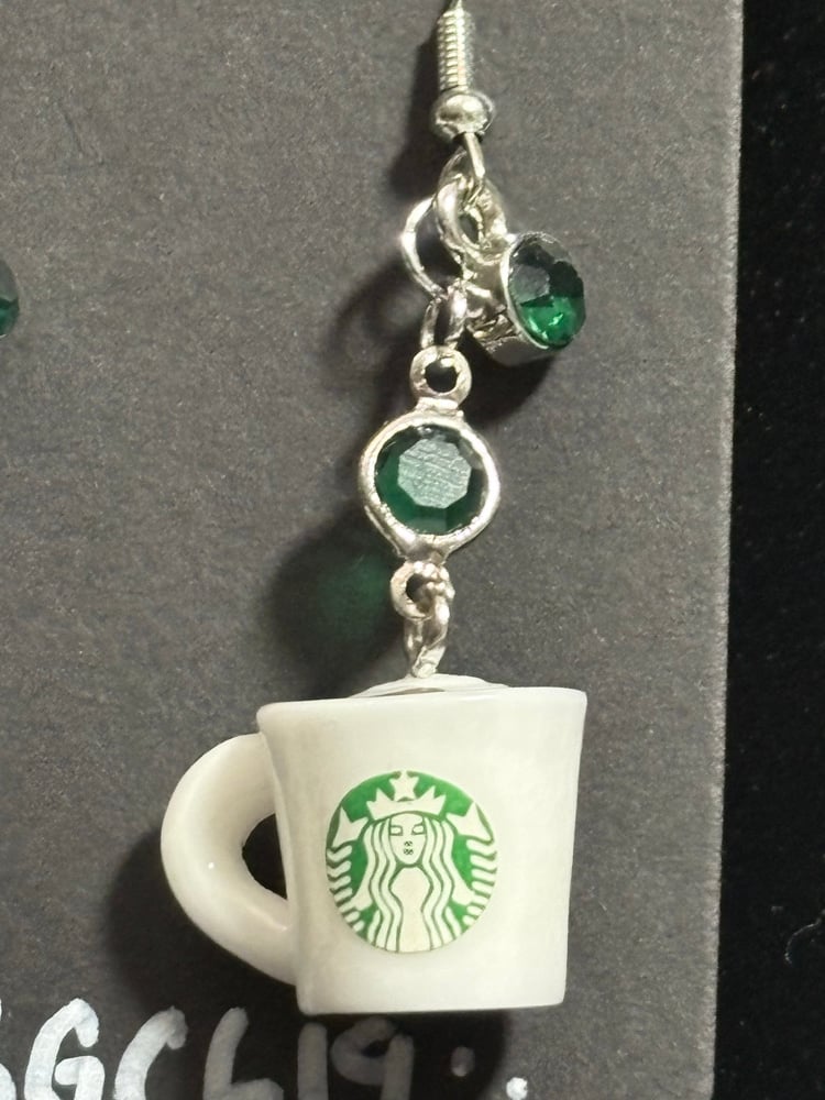 Image of Starbucks coffee Mug handmade dangle Earrings with Green Accents