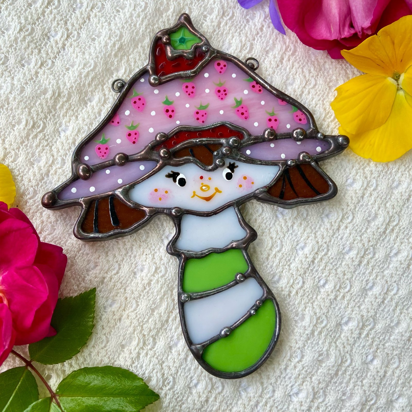 Strawberry Shortcake Mushroom Suncatcher | Foiled and Fluxed
