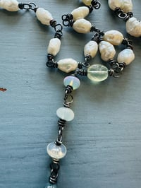 Image 9 of hand wrapped pearl and gemstone rosary style necklace with cross pendant