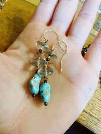 Image 3 of Luxe prasiolite and Sleeping Beauty turquoise earrings . 14k gold and sterling