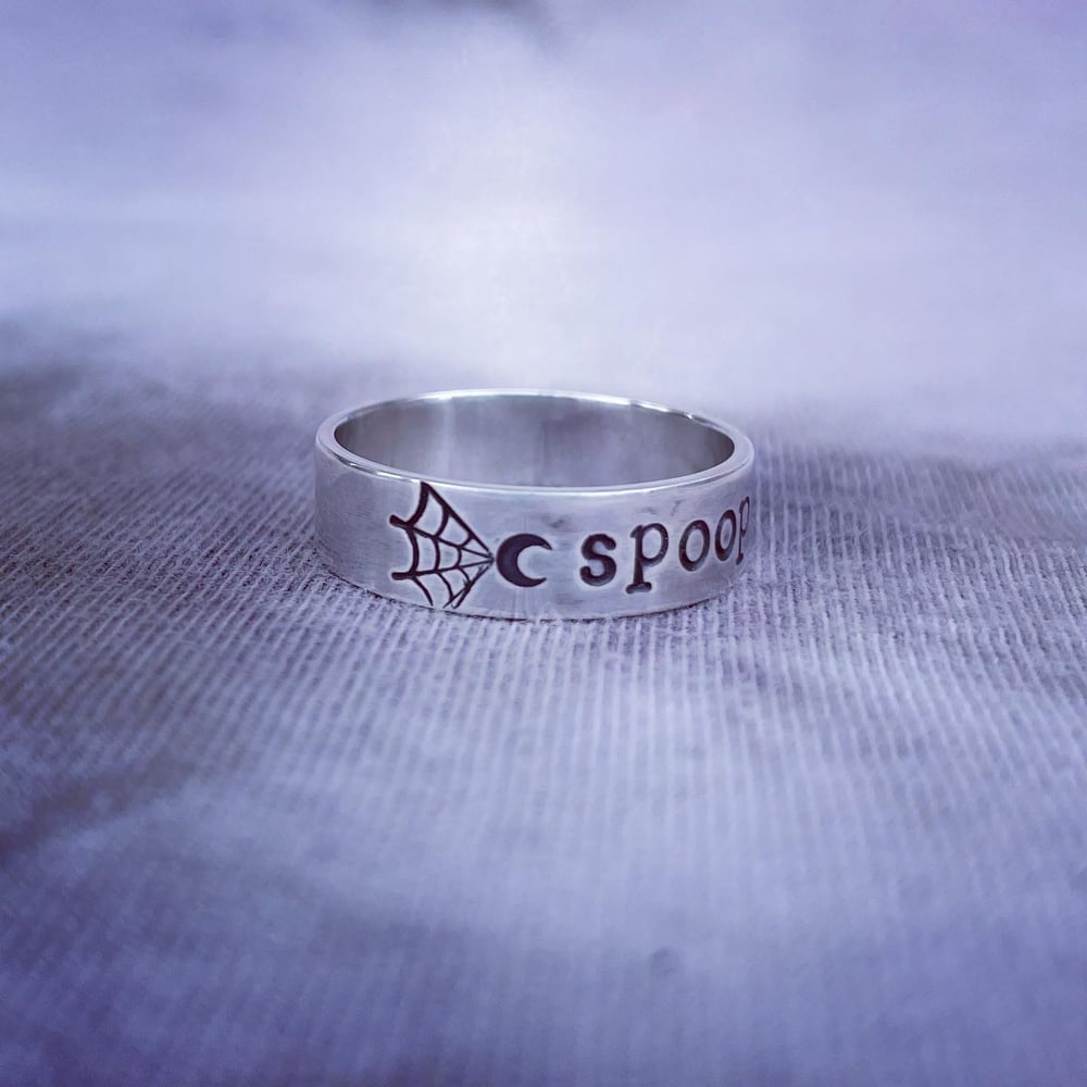 Spooky silver ring with moon and spider web stamps. Spooky halloween silver 925 ring.