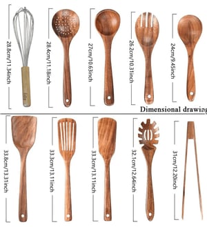 Image of Tilly Living 10 Piece Teak Wood Utensil Set and Danish Dough Whisk -NEW