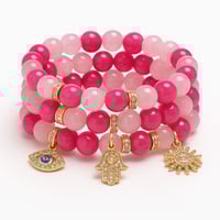 Radiant Harmony – Pink Agate Gemstone Bracelet Stack with Evil Eye, Hamsa & Sun Charms