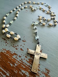 Image 15 of hand wrapped pearl and gemstone rosary style necklace with cross pendant