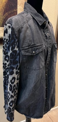 Image 4 of Vintage Funky Acid Black Denim Leopard Print Sleeve Shirt Crystal Fleur de Lis