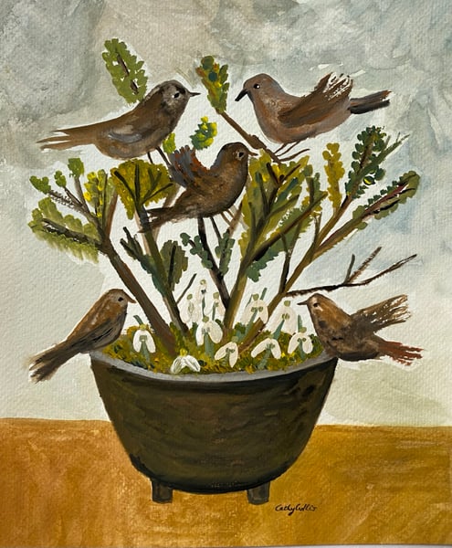 Image of garden bowl with birds and snowdrops 