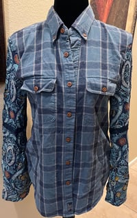 Image 2 of Vintage Funky Blue/White Flannel Shirt Floral Print Sleeves Highland Cow