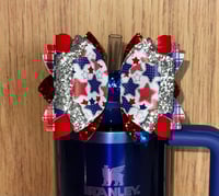 Image 1 of Fourth of July Memorial Day Patrotic Red White and Blue Tumbler Straw Topper Bow
