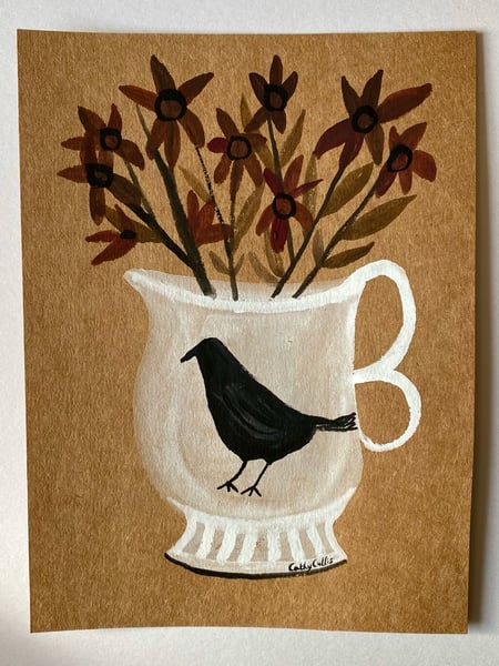 Image of 12. Original work on brown paper (crow jug with flowers)