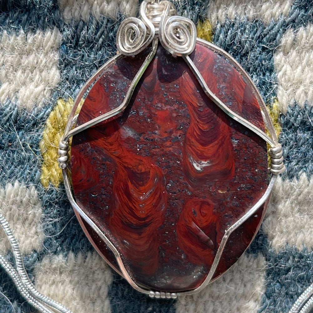 Mary Ellen Jasper and Hematite Stromatolite Cabochon Pendant On Necklace