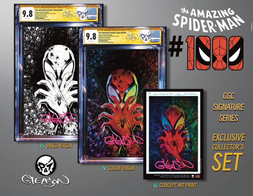 Image of PREMIUM CGC SIGNATURE SERIES COLLECTOR SET AMAZING SPIDER-MAN #1000 GLEASON VIRGINS & PRINT